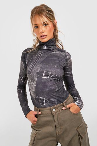 Womens Denim Printed Jersey Long Sleeve Roll Neck Bodysuit - - 10 - boohoo - Modalova