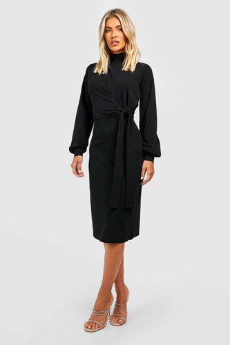 Womens Volume Sleeve Tie Waist Midi Dress - - 16 - boohoo - Modalova