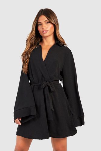 Womens Hammered Flared Sleeve Tie Waist Shirt Dress - - 12 - boohoo - Modalova