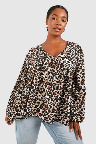 Womens Plus Leopard Long Sleeve Smock Top - - 18 - boohoo - Modalova