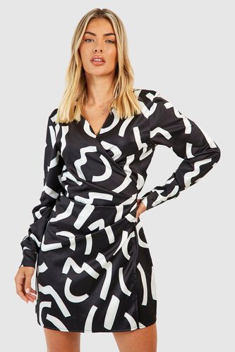 Womens Mono Abstract Wrap Shirt Dress - - 8 - boohoo - Modalova