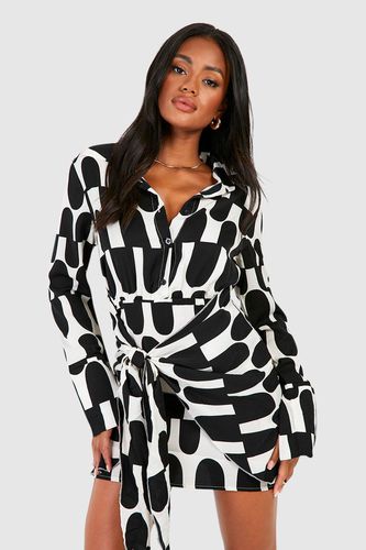 Womens Abstract Tie Waist Shirt Dress - - 16 - boohoo - Modalova