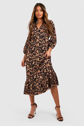 Womens Leopard Plisse Puff Sleeve Frill Midi Dress - - 8 - boohoo - Modalova
