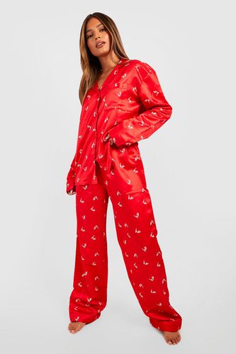 Womens All Over Christmas Print Satin Pyjama Trouser Set - - 10 - boohoo - Modalova