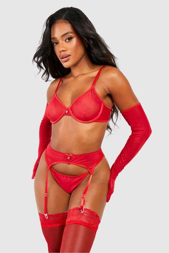 Womens Sparkle Lingerie And Suspender Set With Gloves - - L - boohoo - Modalova
