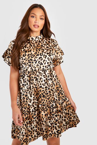 Womens Tall Leopard Print Funnel Tiered Smock Dress - - 10 - boohoo - Modalova