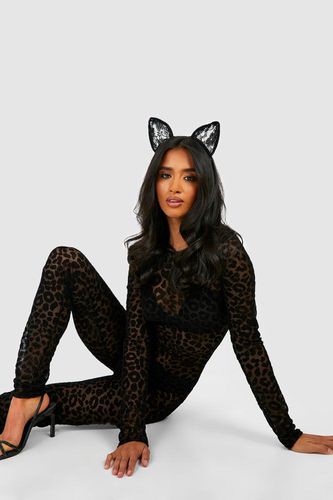 Womens Petite Leopard Flocked Mesh Halloween Catsuit - - 10 - boohoo - Modalova