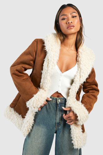 Womens Faux Fur Trim Suede Look Coat - - 10 - boohoo - Modalova