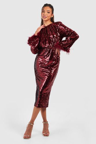 Womens Feather Cuff Sequin Midi Dress - - 10 - boohoo - Modalova