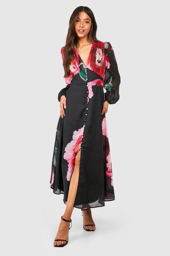 Womens Floral Puff Sleeve Button Through Midi Dress - - 10 - boohoo - Modalova