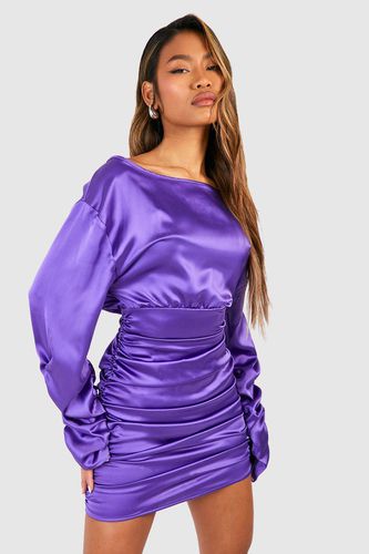 Womens Satin Ruched Volume Sleeve Mini Dress - - 10 - boohoo - Modalova