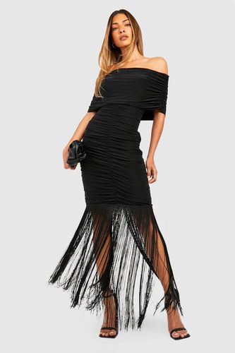 Womens Double Slinky Rouched Tassel Bardot Mini Dress - - 10 - boohoo - Modalova