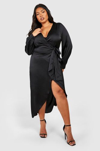 Womens Plus Satin Blouson Sleeve Wrap Dress - - 28 - boohoo - Modalova