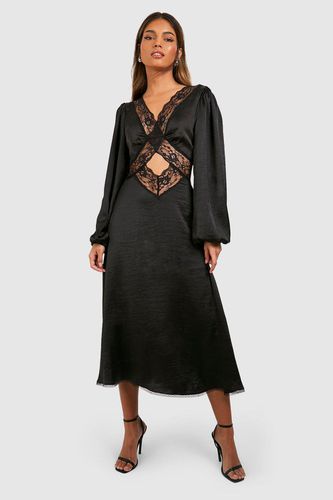 Womens Satin Lace Detail Blouson Sleeve Midi Dress - - 10 - boohoo - Modalova