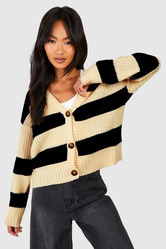 Womens Stripe Fisherman Rib Knit Crop Cardigan - - XS - boohoo - Modalova