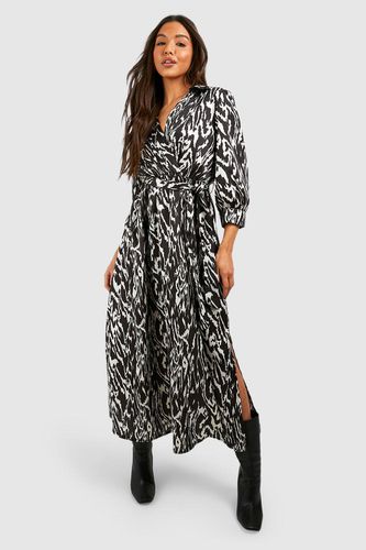 Womens Satin Blurred Zebra Print Wrap Front Shirt Dress - - 10 - boohoo - Modalova