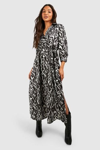 Womens Satin Blurred Zebra Print Wrap Front Shirt Dress - - 8 - boohoo - Modalova