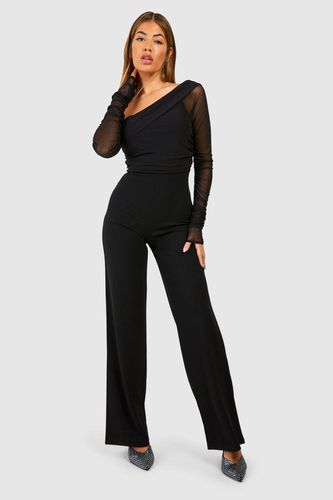 Womens Asymmetric Mesh Wide Leg Jumpsuit - - 12 - boohoo - Modalova