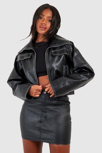 Womens Contrast Detail Faux Leather Jacket - - 8 - boohoo - Modalova