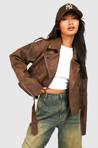 Womens Vintage Look Faux Leather Biker Jacket - - 10 - boohoo - Modalova