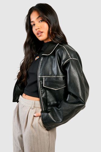 Womens Petite Vintage Look Faux Leather Pocket Detail Jacket - - 10 - boohoo - Modalova