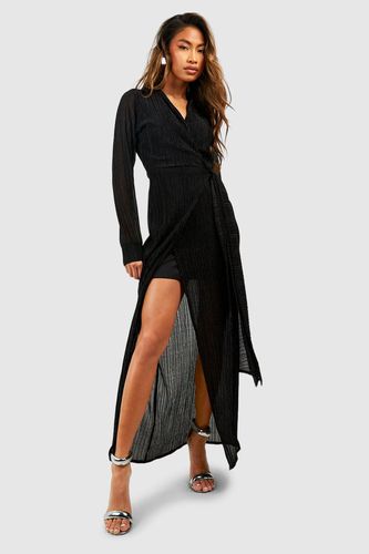 Womens Tie Waist Glitter Plisse Split Leg Maxi Dress - - 10 - boohoo - Modalova