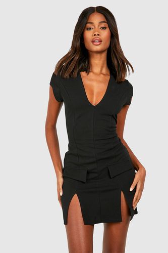 Womens Crepe Plunge Front Pocket Detail Mini Dress - - 10 - boohoo - Modalova