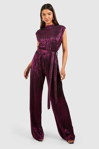 Womens Glitter Plisse Belted Wide Leg Jumpsuit - - 12 - boohoo - Modalova