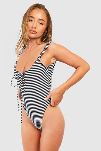 Womens Stripe Tummy Control Lace Up Swimsuit - - 12 - boohoo - Modalova