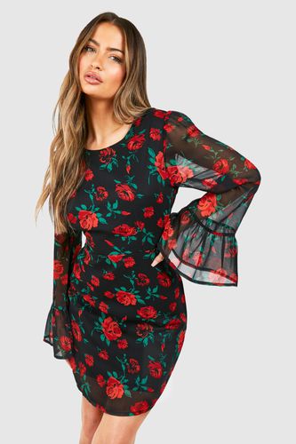 Womens Rose Print Flare Sleeve Chiffon Mini Dress - - 14 - boohoo - Modalova