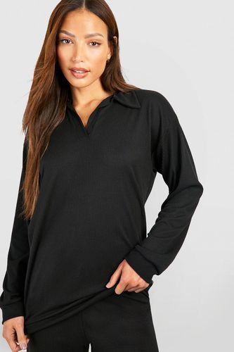 Womens Tall Brushed Rib Open Collar Oversized Tee - - 8 - boohoo - Modalova