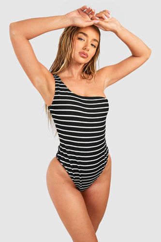 Womens Stripe Crinkle One Shoulder Swimsuit - - 10 - boohoo - Modalova