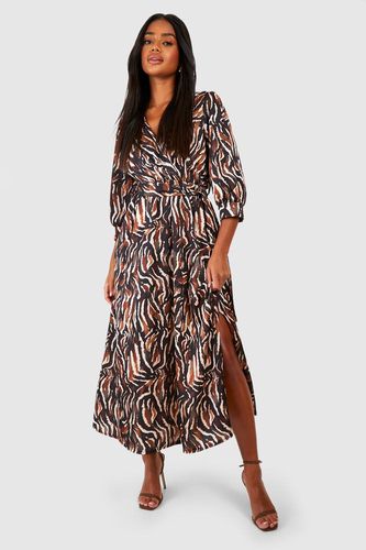 Womens Satin Animal Print Wrap Front Shirt Dress - - 10 - boohoo - Modalova