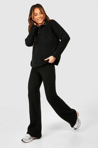 Womens Half Zip Funnel Neck And Wide Leg Trouser Knitted Set - - 10 - boohoo - Modalova