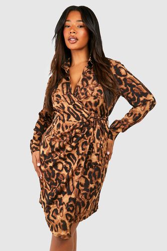 Womens Plus Leopard Printed Wrapshirt Dress - - 16 - boohoo - Modalova