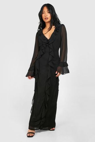 Womens Petite Plunge Ruffle Flare Sleeve Woven Maxi Dress - - 14 - boohoo - Modalova