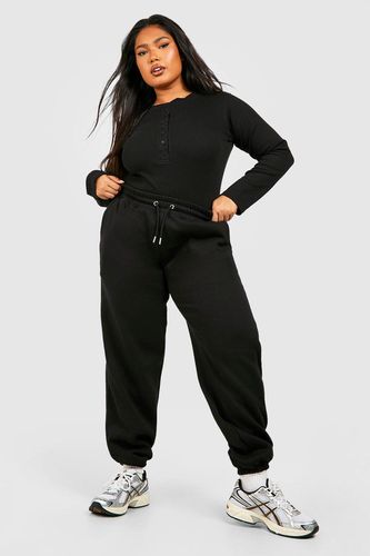 Womens Plus Button Detail Bodysuit And Cuffed Oversized Jogger Set - - 16 - boohoo - Modalova