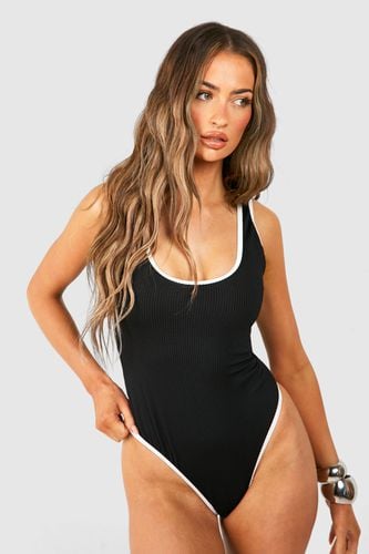 Womens Contrast Binding Ribbed Scoop Swimsuit - - 12 - boohoo - Modalova