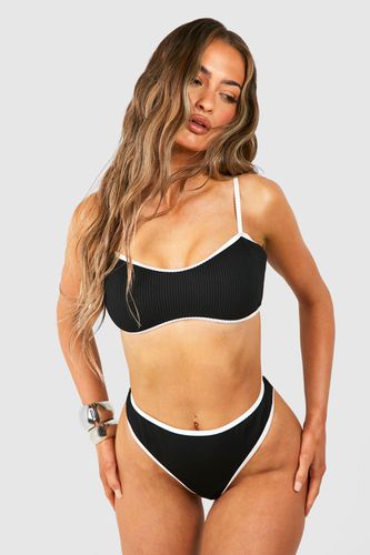 Womens Contrast Binding Ribbed Bikini Top - - 14 - boohoo - Modalova