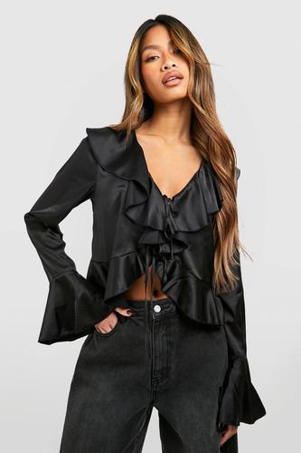 Womens Satin Ruffle Tie Blouse - - 12 - boohoo - Modalova