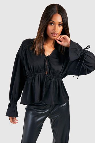 Womens Tie Front Frill Sleeve Blouse - - 14 - boohoo - Modalova