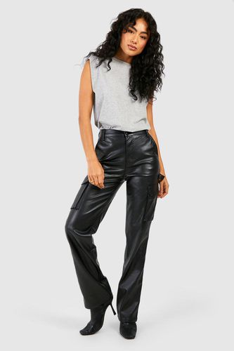 Womens Leather Look Straight Leg Cargo Trousers - - L - boohoo - Modalova