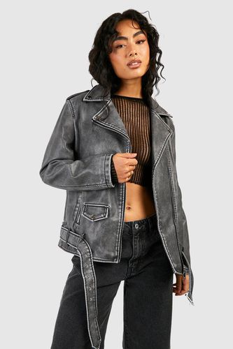 Womens Oversized Washed Faux Leather Biker Jacket - - M/L - boohoo - Modalova