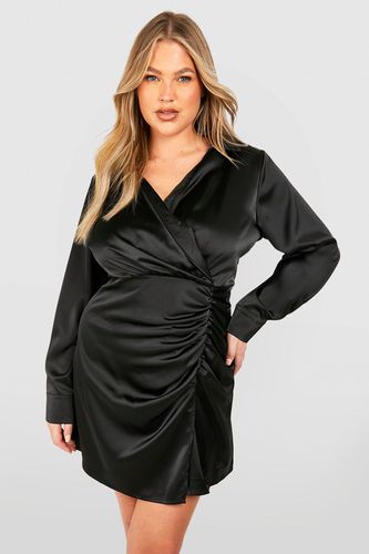 Womens Plus Satin Shirt Wrap Dress - - 18 - boohoo - Modalova