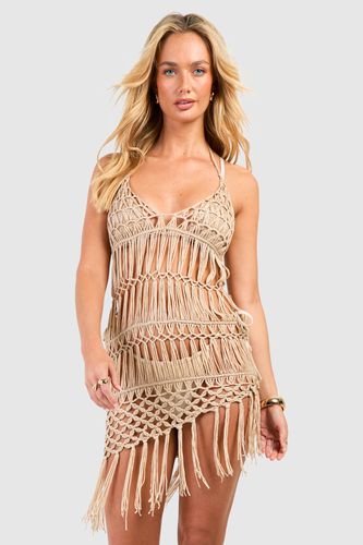 Womens Crochet Tassel Hem Halterneck Beach Mini Dress - - L - boohoo - Modalova