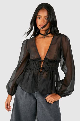 Womens Textured Tie Volume Sleeve Blouse - - 10 - boohoo - Modalova