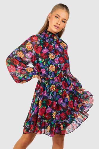 Womens Floral Dobby High Neck Smock Dress - - 10 - boohoo - Modalova