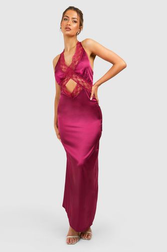 Womens Satin Lace Trim Cut Out Maxi Slip Dress - - 10 - boohoo - Modalova
