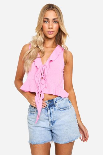 Womens Dobby Mesh Ruffle Tie Front Cami - - 12 - boohoo - Modalova