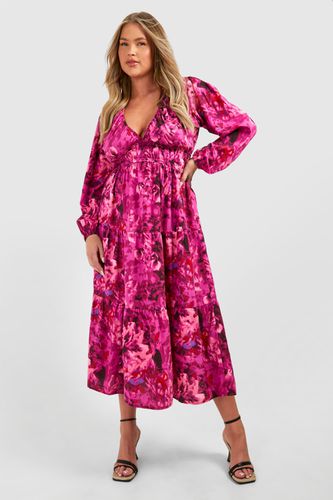 Womens Plus Woven Floral Print Long Sleeve V Neck Midaxi Dress - - 16 - boohoo - Modalova
